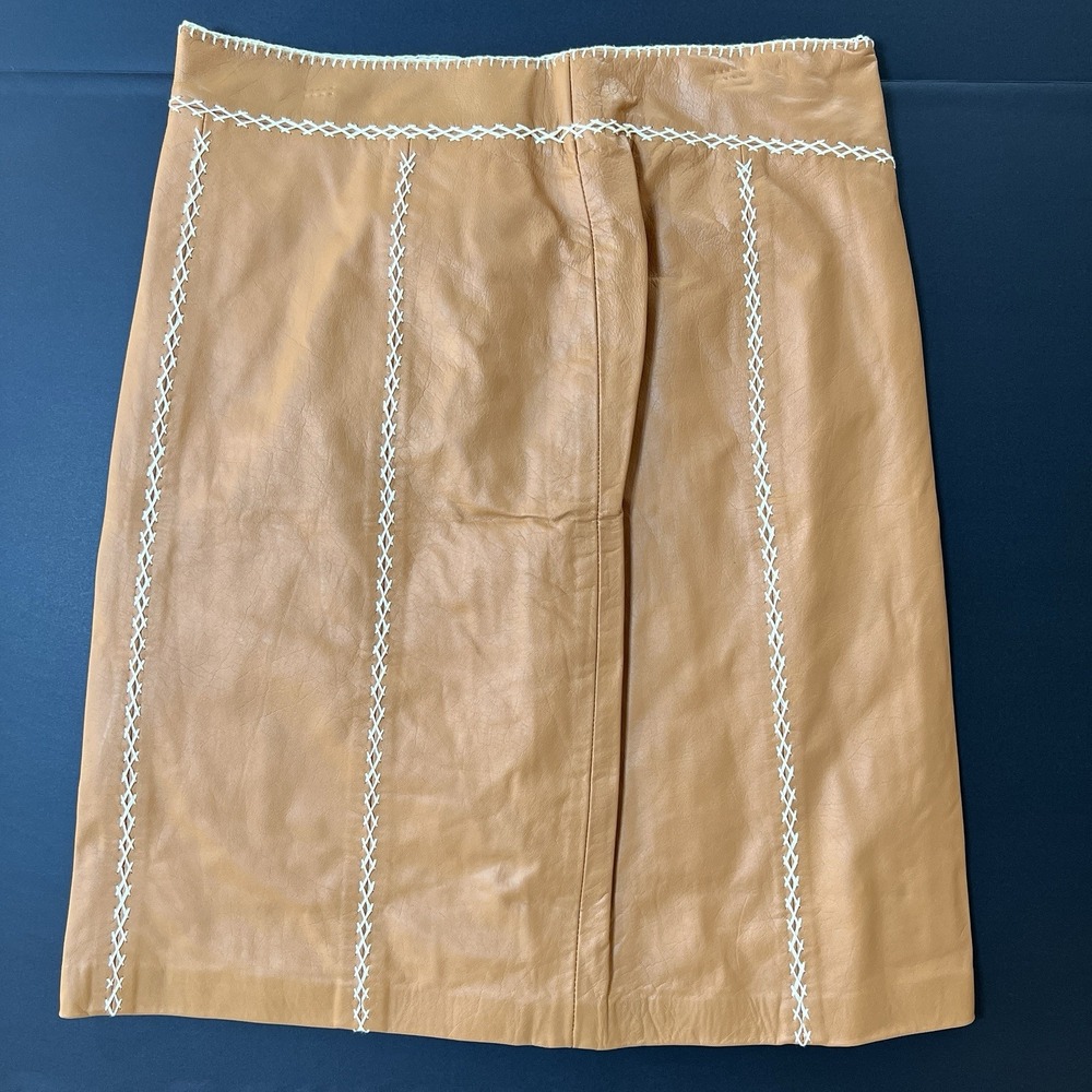 GAP Genuine Leather Midi Skirt‎ Women's Size 8 Boho Stitch Panel Tan Y2K